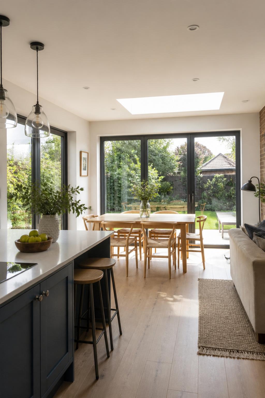 Modern British kitchen-diner extension with large double-glazed patio doors and windows